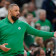 Ime Udoka reacts during the fourth quarter of Game 6 of basketball’s NBA Finals against the Golden State Warriors, Thursday, June 16, 2022, in Boston.